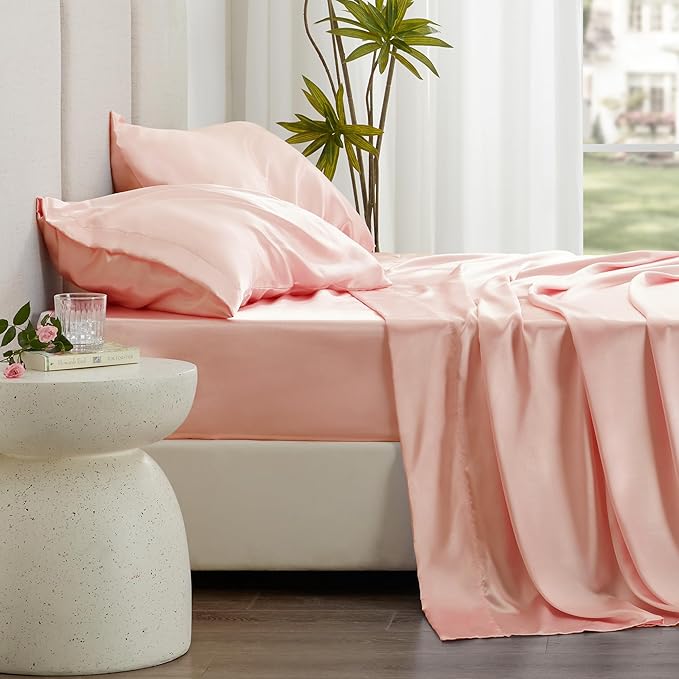 Love's cabin California King Satin Sheet Sets - 4 Piece Coral Silky Sheets Bed Set with Deep Pocket, Luxury Silk Feel Satin Cal King Sheet Set (1 Flat Sheet,1 Fitted Sheet,2 Pillow Cases)