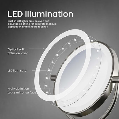 KIBI Circular Wall Mount Makeup Mirror with LED Lights, Dual-Sided 1x/5x Magnifying Mirror with Adjustable Arm, 360° Swivel, Solid Brass Construction for Durability and Style (Brushed Nickel, KMM101)