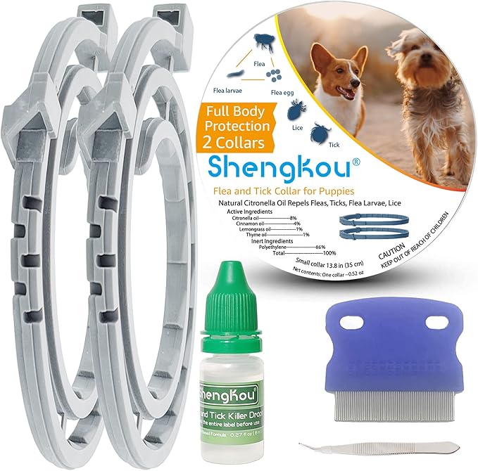 Flea and Tick Collar for Small Dog, Made with Natural Plant Based Essential Oil, Safe and Waterproof, Free Comb and Prevention Treatment Drop, 2x6 Month, 13.8 in (2 Packs)-Mewly Pet