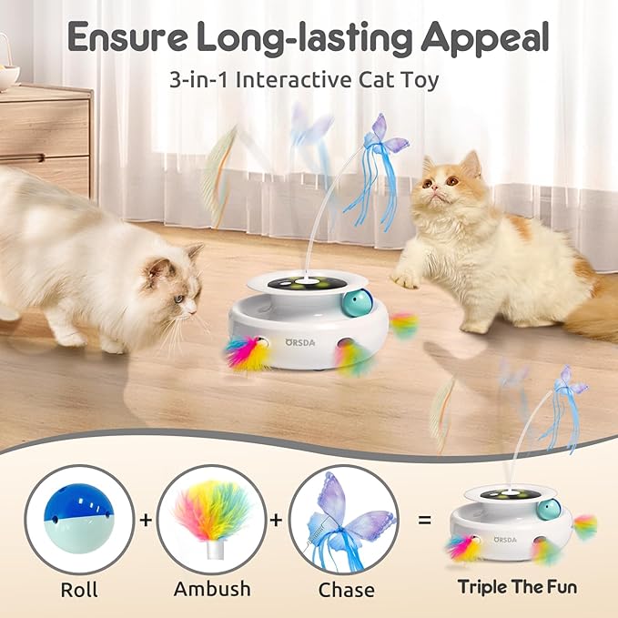 ORSDA Cat Toy, 3-in-1 Automatic Interactive Electronic Moving Ambush Feather, Fluttering Butterfly, Track Balls, USB Rechargeable Powered Smart Indoor Exercise Kicker-Mewly Pet