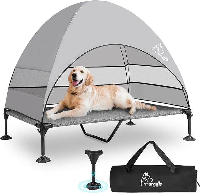 Upgraded Elevated Dog Bed with Canopy, Portable Raised Outdoor Dog Bed with Stable Anti-Slip Feet, Wider Shade Pet Bed Cot, Raised Dog Beds for Large Dogs Camping, Indoor & Outdoor Use-Mewly Pet