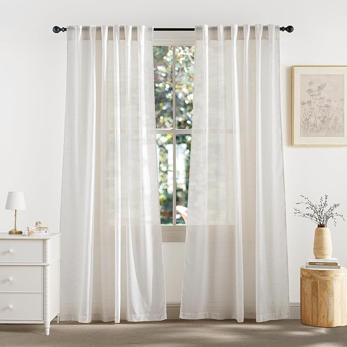 RYB HOME Ivory Sheer Curtains for Living Room, Linen Blend Filter Sunlight Glare Vertical Luxury for Bedroom Dining Office Window, Rod Pocket & Back Tab, W52 x L90, 2 Panels
