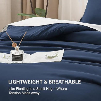 Litanika Navy Blue Oversized King Comforter Set Super King Plus Size, 3 Pieces Lightweight Solid Bedding Comforter Set, All Season Fluffy Bed Set (128x120In Comforter & 2 Pillowcases)