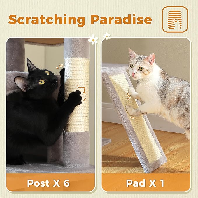 81 Inches Tall Cat Tree for Indoor Cats Large Adult - Heavy Duty Multi-Level Cat Tower with Large Metal Frame Hammock, Scratching Pad, 2 Top Perches, 2 Cozy Condos & 6 Scratching Posts - Gray-Mewly Pet