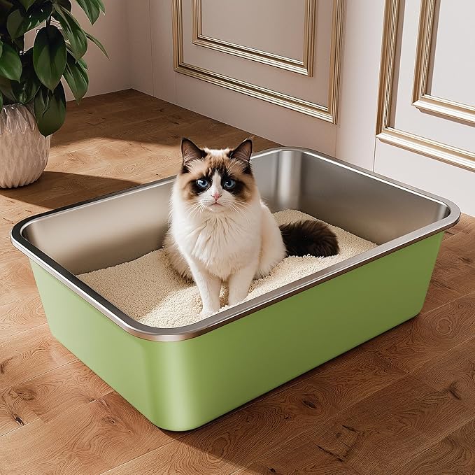 Stainless Steel Litter Box, Large Metal Cat Litter Box with High Sided for Big and Small Cats, Non-Stick, Easy to Clean, Odor-Free, 19.5" L×13.6" W×5.9" H, Leaf Green-Mewly Pet