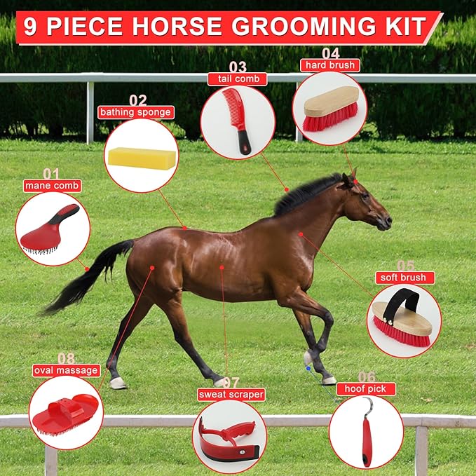 9 Pieces Grooming Kit with Tote Bag - Brush Set, Sweat Scraper, Sponge, Hoof Pick, Curry Comb for Horse Riders and Beginners (Red)-Mewly Pet