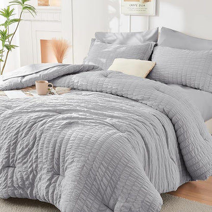 HYMOKEGE Light Grey Full Size Comforter Sets Seersucker 7 Pieces, All Season Luxury Bed in a Bag for Bedroom, Bedding Set with Comforters, Sheets, Pillowcases & Shams