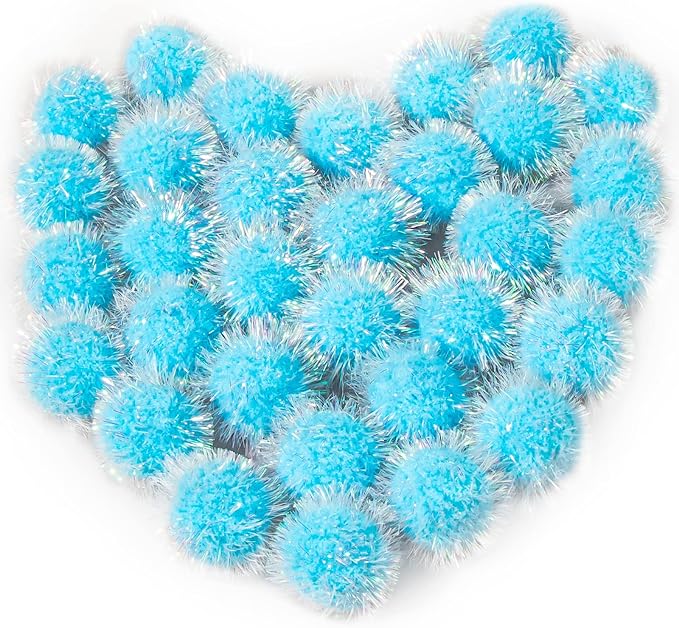 VAPKER 30 Pcs Cat Ball Toys Sparkle Balls Extra Large 2 Inch Cat's Favorite Chase Glitter Ball Glitter Tinsel Pom Poms Balls Light Blue Color-Mewly Pet