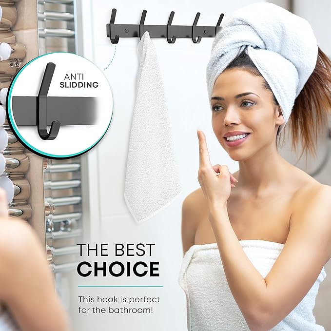 Matte Black Coat Rack Wall Mount – 15 Inch Stainless Steel Hook Rail with 5 Double Coat Hooks – Wall Mounted Entryway Organizer for Coats, Hats, Bags, Towels, Robes, Closet or Bathroom - 2 Pack