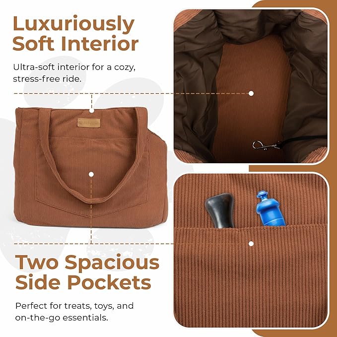 Corduroy Dog Carrier - Lightweight Cotton Soft-Sided Pet Tote with Safety Harness Clip - Breathable Travel Carrier for Small Dogs and Puppies (Brown)-Mewly Pet