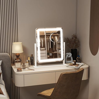 FENNIO Vanity Mirror with Lights - 15"x13" LED Lighted Makeup Mirror, Makeup Mirror with Lights, Touch Screen with 3-Color Lighting, Dimmable,10X Magnification Mirror for Vanity Desk Tabletop