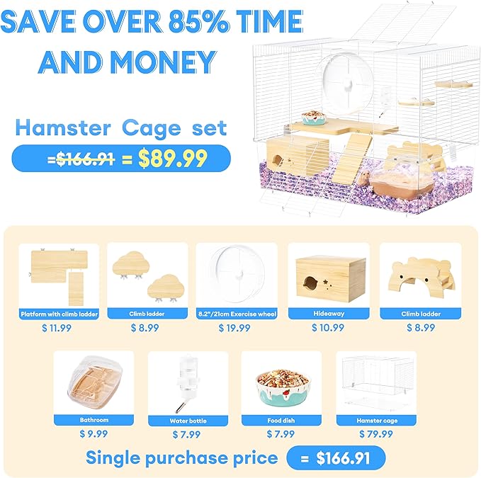 BUCATSTATE Hamster Cage 3-Level with Accessories, Includes Free Exercise Wheel, Water Bottle, Food Bowl & Hamster Hideout, Large Hamster Cage for Dwarf Hamster, Mice, Degus (24.4" L*13.7 "W*16.9" H)-Mewly Pet