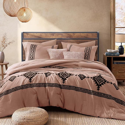 MaiRêve Embroidery Full Size Comforter Set Dusty Pink, Farmhouse Western Boho Bedding Set 7 Pieces, All Season Bed in A Bag Comforter Set with Sheets, Pillowcases & Shams