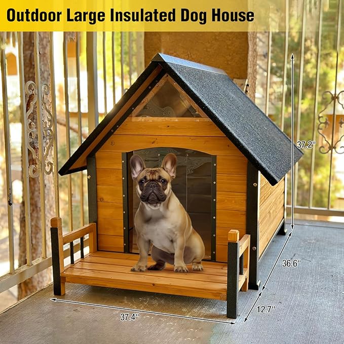 AIVITUVIN Outdoor Dog House with Anti-Chewing Iron Surround Insulated Liner Dog Kennel for Large Breed Dog Shelter Weatherproof (Brown 50.9" D x 37.4" W x 37.2" H)-Mewly Pet
