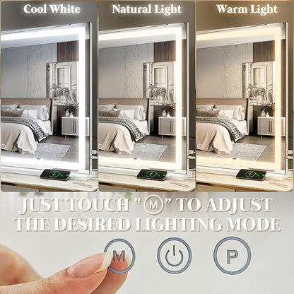 FENNIO Large Vanity Mirror with Lights，40" x 28"Makeup Mirror with Lights，Hollywood Mirror with 3 Color Modes & Adjustable Brightness，Vanity Mirror Square White