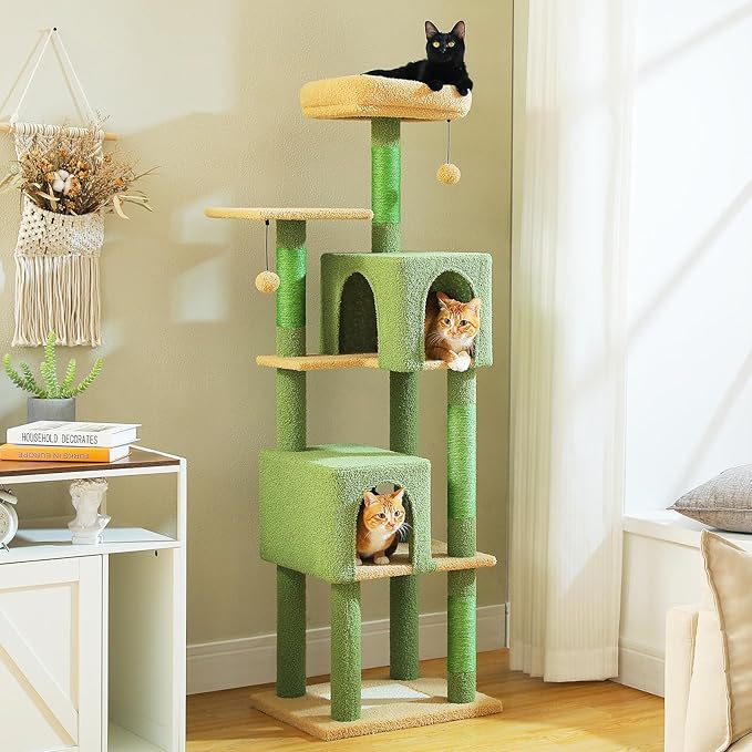 Cactus Cat Tree, 62-Inch Large Cat Tower for Multi-Cat Households w/Scratching Posts, Multi-Level Condo w/Cozy Top Perch & Scratching Pad, Padded Platform, 2 Pompoms, Green-Mewly Pet