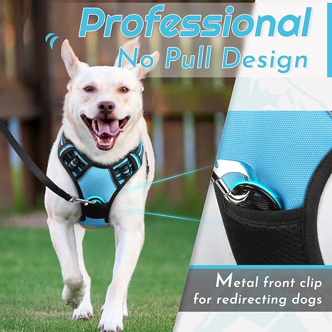 Eagloo Dog Harness for Large Dogs, No Pull Service Vest with Reflective Strips and Control Handle, Adjustable and Comfortable for Easy Walking, No Choke Pet Harness with 2 Metal Rings, Sky Blue, L-Mewly Pet