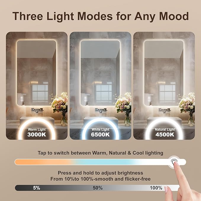 60''x36'' Lighted Mirrors for Bathroom Wall Backlit Rectangular Rounded Corners, LED Bathroom Mirror Frameless with Lights Anti Fog, Dimmable, 3 Colors,Tempered Glass, Shatter-Prooff (Color 2)