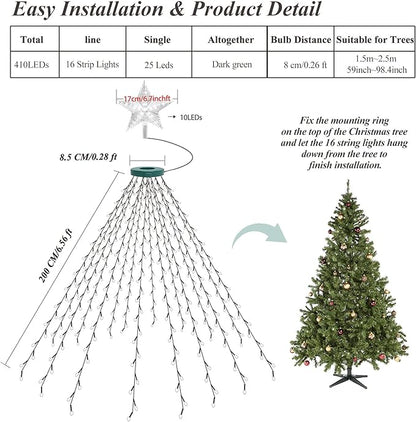 aneeway Christmas Tree Lights with Star Toppers, 410 LED Christmas Lights with 8 Modes & Memory Function, 6.6FT x 16 String Lights with Remote Control & Timing for Xmas Ornaments - Warm White