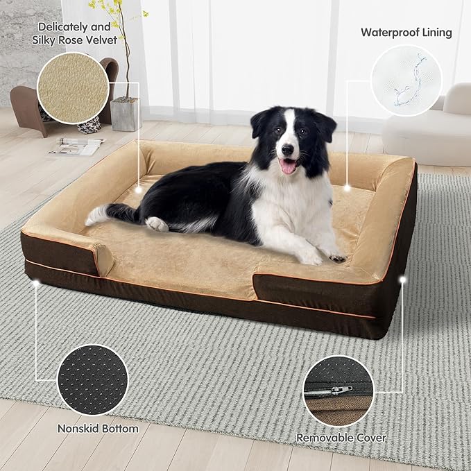 Dog Beds for Large Sized Dogs,Washable Orthopedic Memory Foam Dog Couch Sofa Bed with Bolster,Removable Cover,42x30Inch,Brown-Mewly Pet