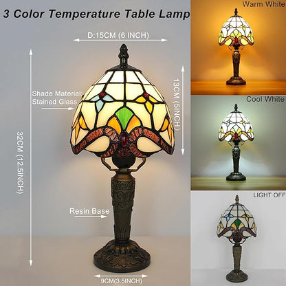 Tiffany Small Lamp Baroque Stained Glass Table Lamp 3 Way Color-Temparetures Bedside Nightstand Table Lamps for Bedroom Living Room Home Office Desk Light W/LED Bulb 6X6X12.5Inch