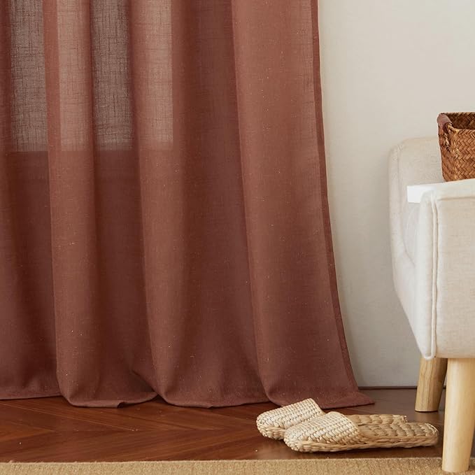 RYB HOME 108 inch Terracotta Fall Curtains Linen Woven - Shabby Chic Modern Elegant Semi Translucent Sheer Drapes Sun Filter for Sliding Glass Door Doorway Hotel, Wide 52 by Long 108, 2 Panels