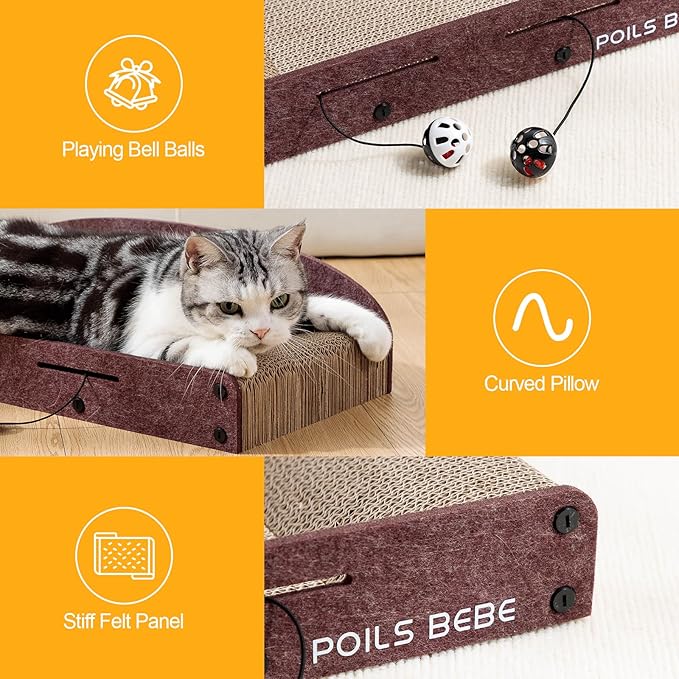 Poils Bebe 21 Inch Sofa Cat Scratcher, Small Cat Scratcher Cardboard with Bell Balls, Durable Couch Lounger for Indoor Cats, Cat Scratch Furniture Protector with Catnip, Cat Toys-Mewly Pet