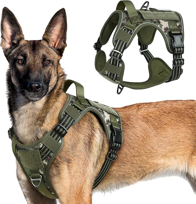rabbitgoo Tactical Dog Harness for Large Dogs, No Pull Military Service Vest with Handle & Molle, Easy Control for Training Walking, Adjustable Reflective Straps, Green camo, XL-Mewly Pet