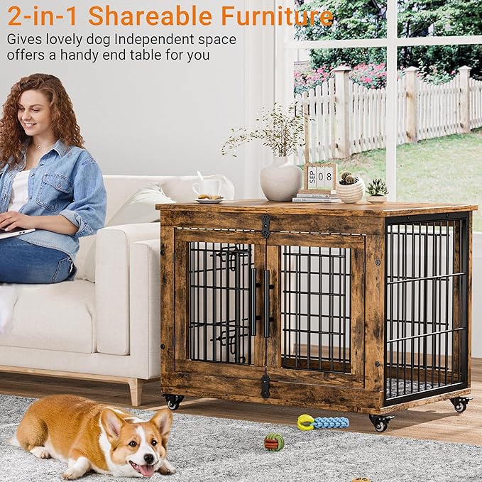 Lulive Dog Crate Furniture, Dog Kennel Indoor Double Doors Wooden Dog Cage, 32'' Heavy Duty Dog Crate with Cushion & Wheels, Decorative End Table Pet House Chew-Resistant for Medium/Small, Brown-Mewly Pet