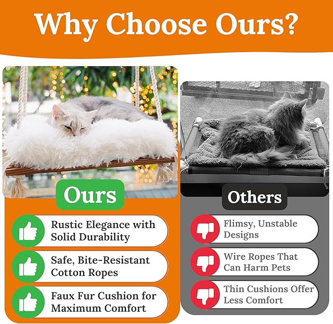 Cat Window Perch - Hammock Bed for Cats Inside - Solid Wood Seat, 4 Strong Suction Cups, Soft Cushion - Rustic Indoor Pet Shelf-Mewly Pet