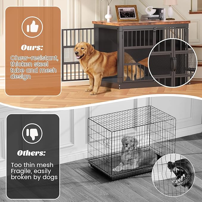 VOPEAK 46" Dog Crate Furniture, Chew Resistant Large Dog Crate for Medium Large Dogs, Heavy Duty XL Dog Crates Dog Kennel Cage Indoor with Double Doors, End Table for Bedroom Living Room, Black-Mewly Pet