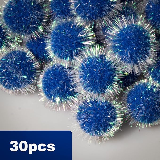 VAPKER 30 Pcs Cat Ball Toys Sparkle Balls Extra Large 2 Inch Cat's Favorite Chase Glitter Ball Glitter Tinsel Pom Poms Balls Dark Blue Color-Mewly Pet