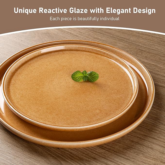 GBHOME Ceramic Dinnerware Sets for 4, 12 Pieces Stoneware Plates and Bowls Sets, Scratch Resistant Dishes, Dishwasher & Microwave Safe, Reactive Glaze-Amber-Mewly Pet