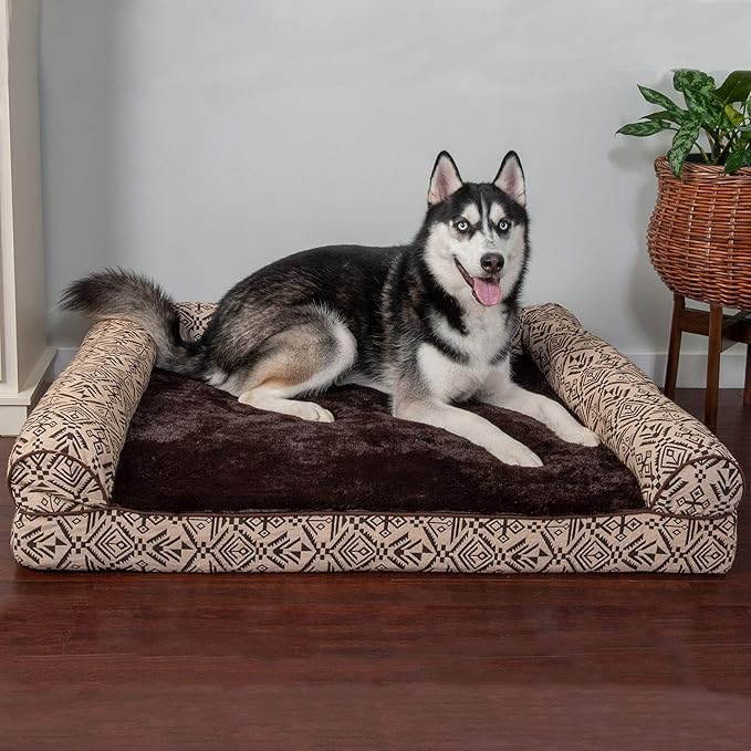 Furhaven Orthopedic Dog Bed for Large Dogs w/ Removable Bolsters & Washable Cover, For Dogs Up to 95 lbs - Plush & Southwest Kilim Woven Decor Sofa - Desert Brown, Jumbo/XL-Mewly Pet