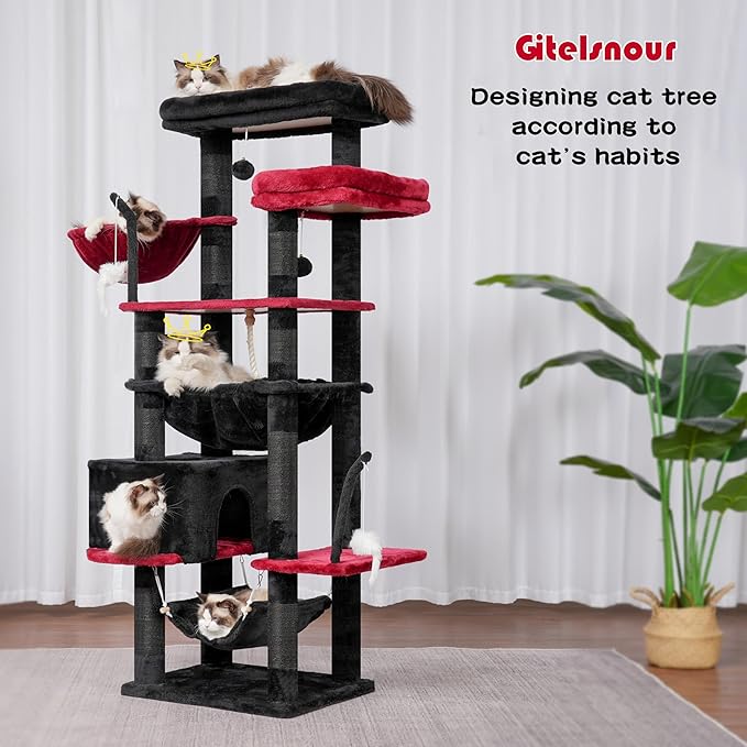 Gothic Cat Tree, Cat Tower for Large Cats with 2 Big Platforms, 2 Baskets, condo and Toys, 63" Cat Scratching Posts for Indoor Cats, Black and red GCT020BR-Mewly Pet