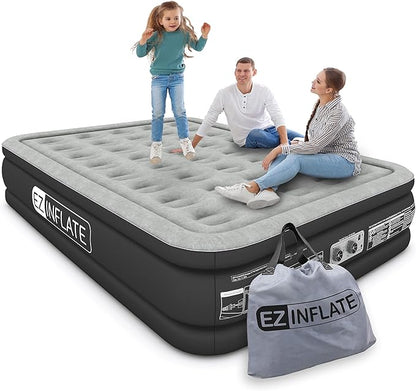 EZ INFLATE Air Mattress with Built in Pump - King Size Double-High Inflatable Mattress with Flocked Top - Easy Inflate, Waterproof, Portable Blow Up Bed for Camping & Travel