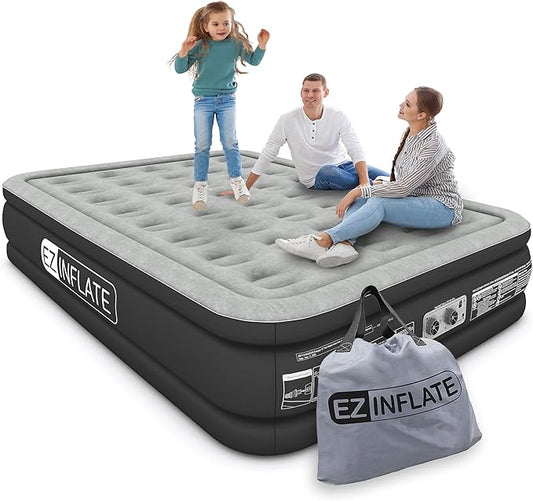 EZ INFLATE Air Mattress with Built in Pump - King Size Double-High Inflatable Mattress with Flocked Top - Easy Inflate, Waterproof, Portable Blow Up Bed for Camping & Travel