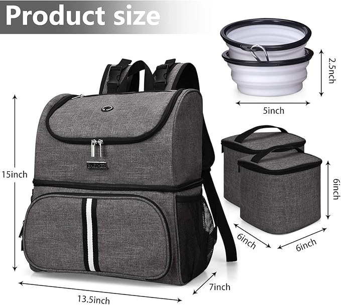 BAGLHER Pet Travel Bag, Double-Layer Pet Supplies Backpack (for All Pet Travel Supplies), Pet Travel Backpack with 2 Silicone Collapsible Bowls and 2 Food Baskets Grey-Mewly Pet