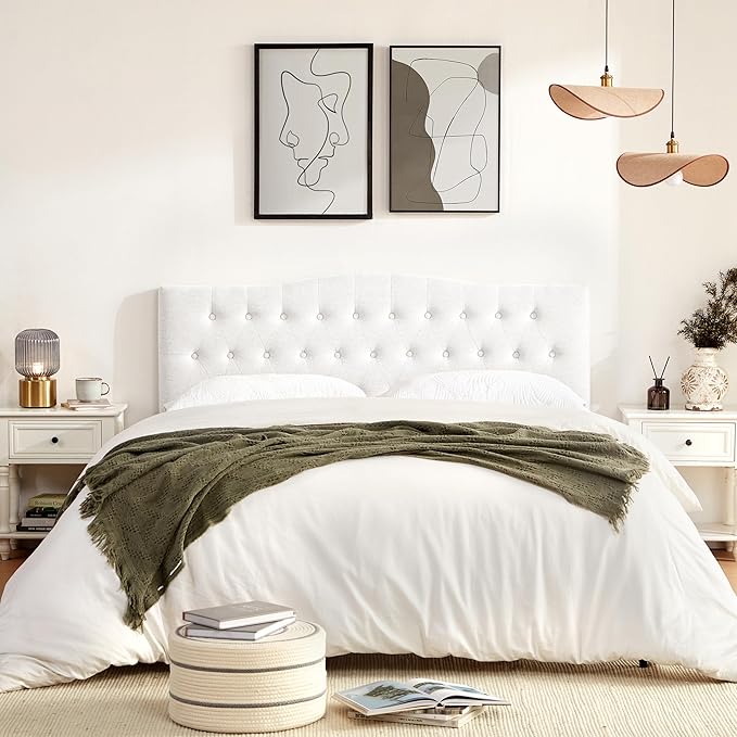 Tufted Upholstered Headboard Full Size, Sturdy and Durable Solid Wood Full XL headboard, Fabric Headboard Adjustable Height from 37” to 51”, Modern Button Diamond Design Head Board, White