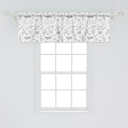 Ambesonne Cartoon Window Valance Pack of 2, Doodle Solar System Astronauts Space Crafts Shooting Stars Science Fiction Theme, Rod Pocket Curtain Valances for Kitchen Bedroom, 54" X 18", White Black