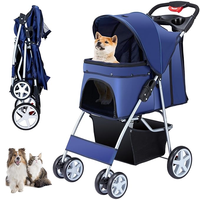 4 Wheels Pet Stroller for Small Medium Dogs Cats 10-33 lbs, Foldable Dog and Cat Stroller with Cup Holder & Storage Basket & Breathable Mesh, Pet Strolling Cart for All-Season, Navy Blue-Mewly Pet
