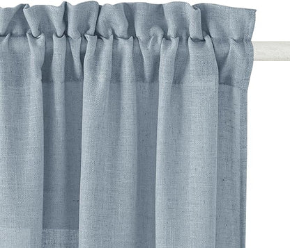 RYB HOME Flax Linen Blend Curtains for Closet Kitchen, Semi Translucent Privacy Protection Light Filtering Decorative Short Small Window Drapes for Bedroom, W 52 x L 36 inches, Dusty Blue, 2 Panels