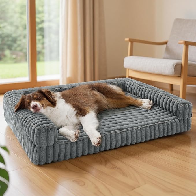 Bedsure Orthopedic Dog Beds Large Sized Dog, Waterproof Memory Foam Pet Bed with Sides, Non-Slip Bottom and Egg-Crate Foam Large Pet Couch Sofa with Washable Removable Corduroy Cover, Grey-Mewly Pet