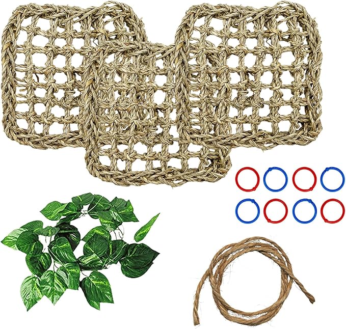 BNOSDM Bird Seagrass Mat, 3 PCS 7.1 x 7.1 Inches Parrot Natural Seagrass Woven Bird Net Hammock Mat, Parakeet Climbing Rope Ladder Chew Toys Hut Hideout for Lovebird Cockatiel Conure Budgie-Mewly Pet