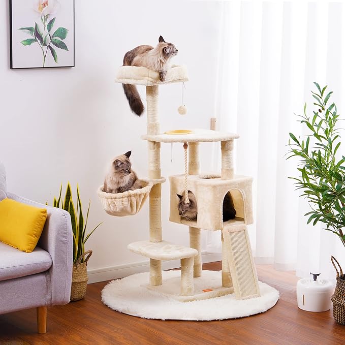 Heybly Cat Tree, Cat Tower for Indoor Cats with Scratching Board, Multi-Level Cat Furniture Condo with Feeding Bowl, Beige HCT010M-Mewly Pet