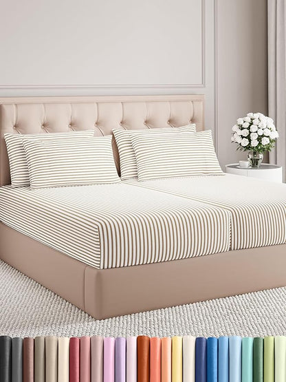 Split King 7 Piece Sheet Set - Comfy Breathable & Cooling - Soft Hotel Luxury Bedding Set w/ 8-16 Inch Deep Pockets - 1 Flat & 2 Fitted Sheet & 4 Pillowcases - Cozy & Wrinkle Free - Beige Stripes 2