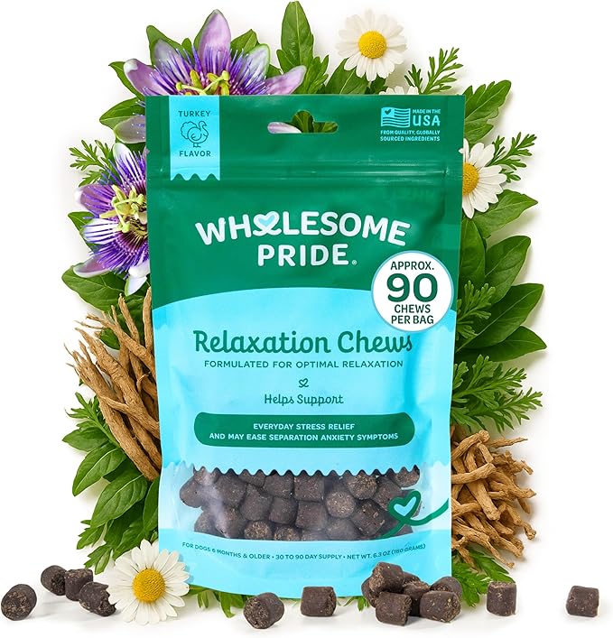 Wholesome Pride Calming Supplement for Dogs - 90 Soft Chews - Natural Anxiety Relief, Separation & Noise Stress Support with Herbal Ingredients, No Melatonin, Non-Drowsy-Mewly Pet
