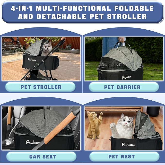 4 Wheels Pet Stroller 4 in 1 Pet Stroller with Detachable Carrier for Small & Medium Dogs Cats up to 55 lbs Easy-Folding Travel Dog Wagon with Car Seat Breathable Mesh,Gray-Mewly Pet