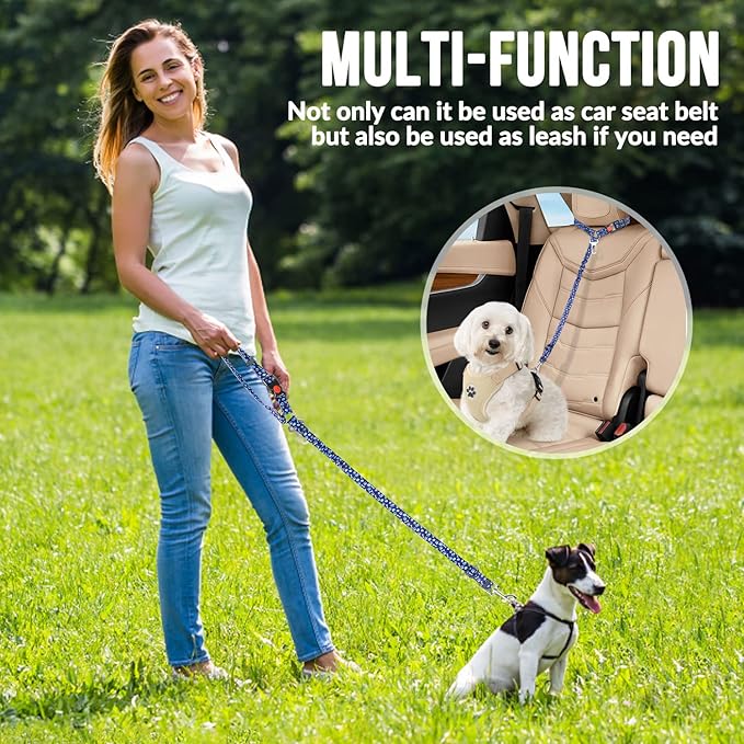 SlowTon Dog Seat Belt for Car, 2 Pack Dog Car Harness Seatbelt Adjustable with Elastic Bungee Buffer, 2 in 1 Pet Car Leash Headrest Restraint Dog Reflective Safety Tether (S, Blue, Headrest+Clip)-Mewly Pet