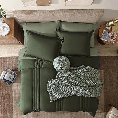Monbix California King Size Comforter Set - 7 Pieces Bed in a Bag California King, Olive Green Bedding Sets, All Seasons Down Alternative Comforter Bed Set with Sheets, Pillowcases & Shams